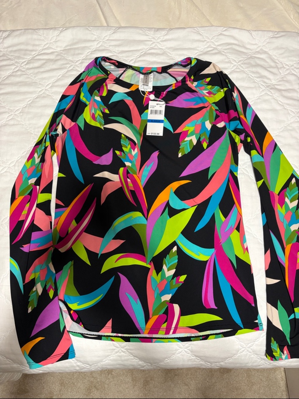 Trina Turk Black Long-Sleeve Top with Neon Tropical Leaf Print